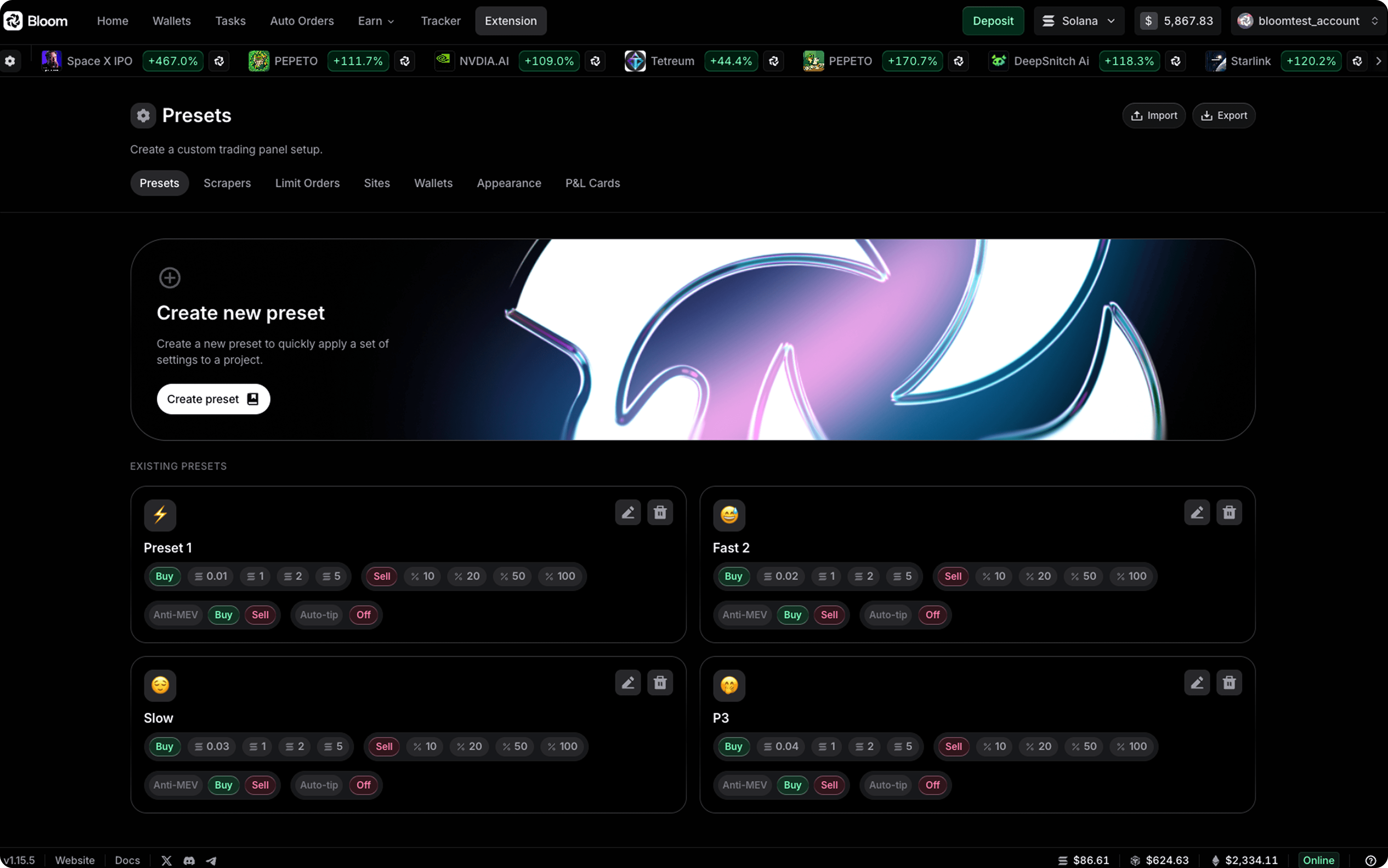 Bloom Extension preset configuration inside a Solana trading terminal