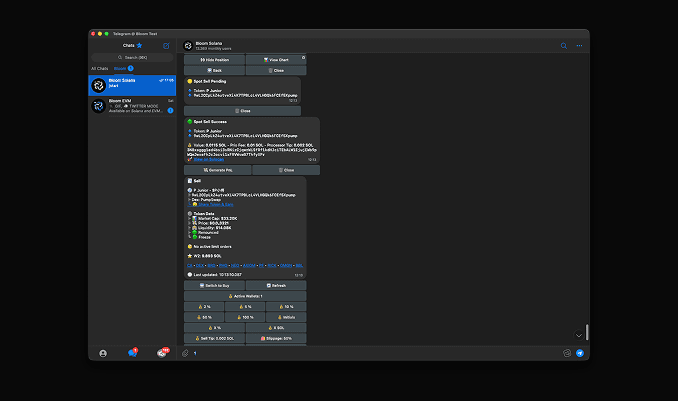Bloom Telegram bot conversation executing an automated trade